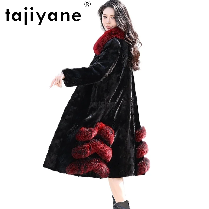 سترة من فرو المنك الطبيعي 100% من TAJIYANE معطف نسائي أسود طويل من فرو المنك الحقيقي مع ياقة من فرو الثعلب ملابس شتوية للنساء 2025