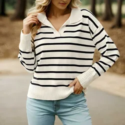 Striped V-neck Pullover Polo Sweater Women's Early Autumn Casual All-match Tops Long-sleeved Knitted Bottoming Sweaters Jumpers