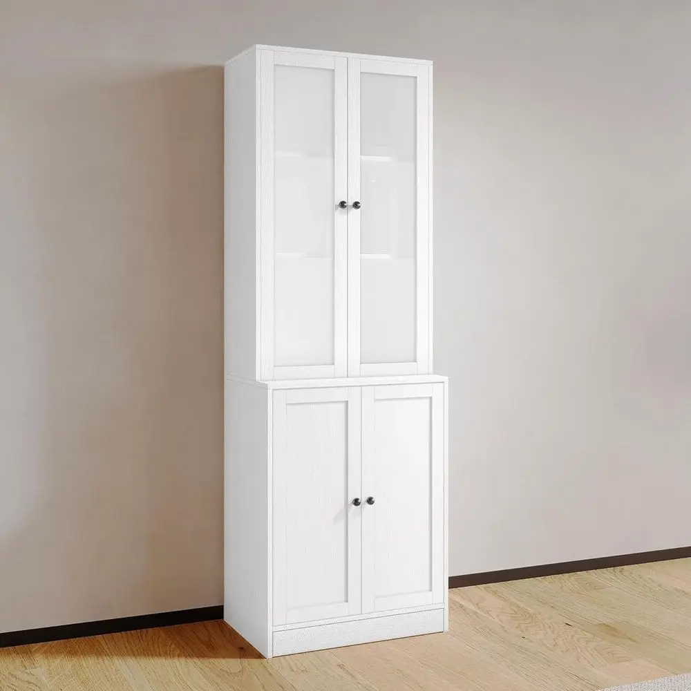 

3-Tier Wooden Bookshelf with 3 Large Drawers, Open Storage, Glass Doors, Adjustable Shelves for Home or Office, White
