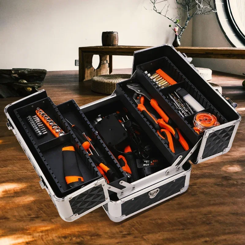 Three-layer folding hardware toolbox, multi-functional portable large maintenance tool box storage box