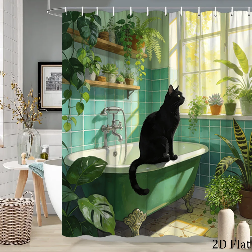 Black Cat Shower Curtain Waterproof Fabric Bathroom Curtains Green Plant Bathtub Bath Screen Divider Home Decor With Hooks