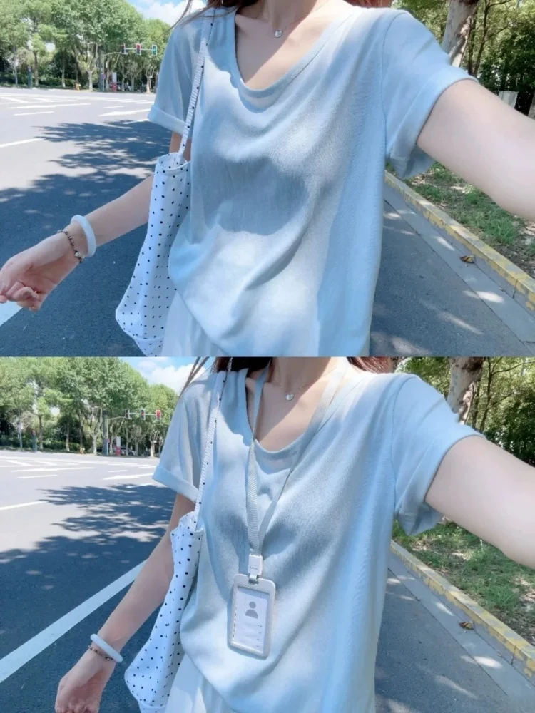 Ice Silk Snowflake Cotton Short Sleeve T-Shirt Women's Summer New Large Size Loose Slimming V-neck  Thin Top