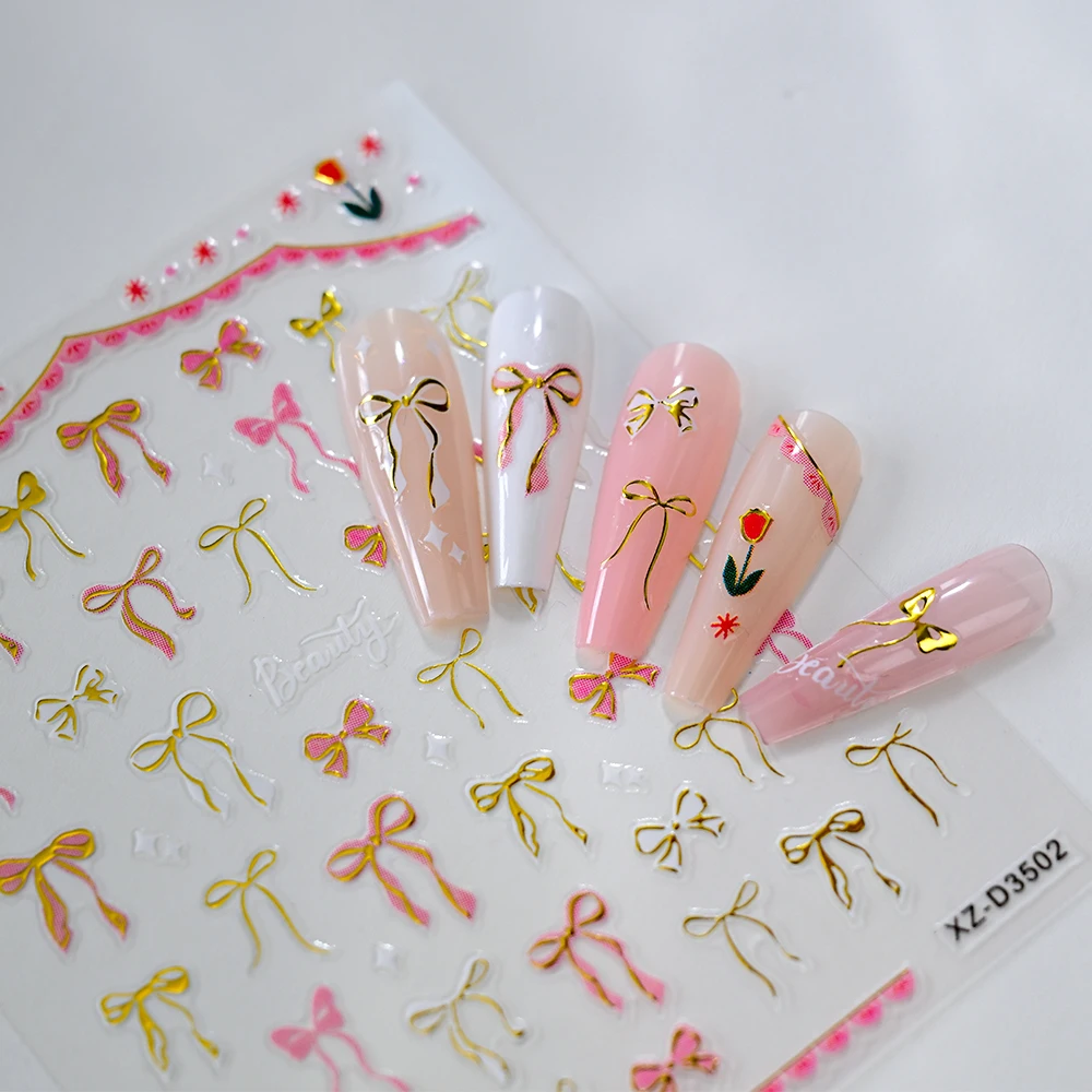 6Pcs Bronzing Butterfly Bowknot Nail Sticker Glossy Pink Red Ribbon Bow Nail Decal 3D Sweet Cool Butterfly Bowknot Nail Sliders