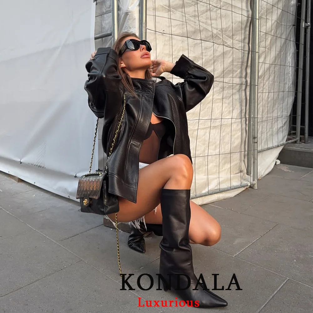 KONDALA Casual Chic Schwarz Leder Jacken Frauen Langarm Tasten Elastische Übergroße Mäntel Mode 2026 Frühling Streetwear Mäntel – Detail 13