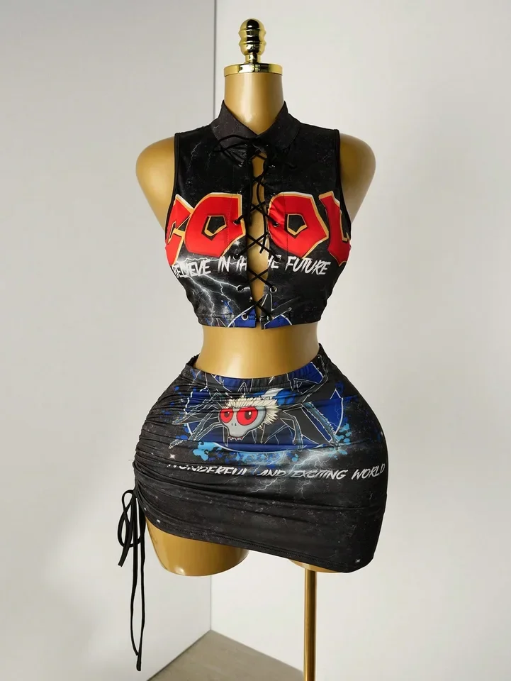 

T Shirts Tops 2 Piece skirt Set Sexy Halterneck top strap fashion print design short skirt set