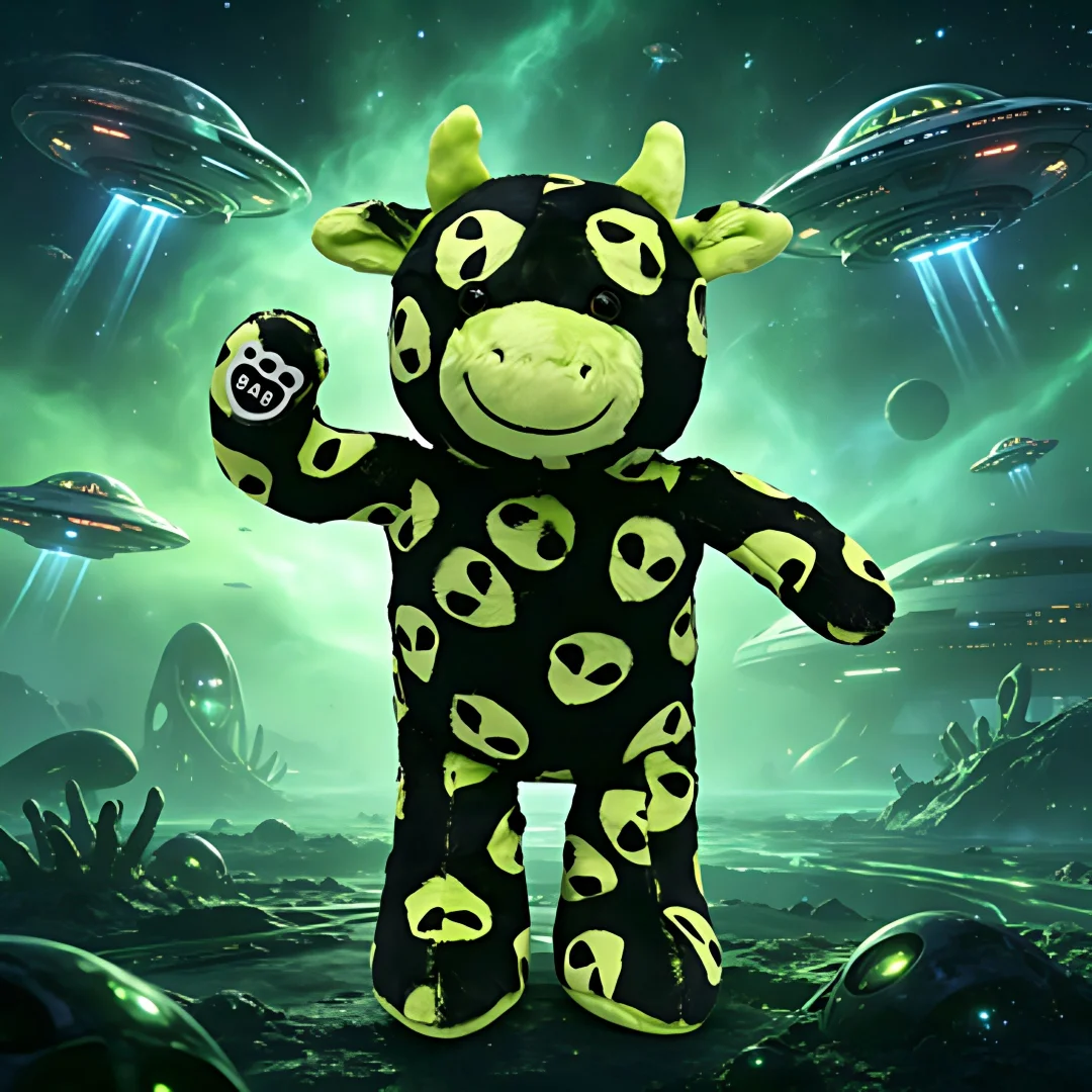 

30CM Cute Black Cow Plushie With Alien Pattern Soft Stuffed Animal Toy Green Extraterrestrial Design For Children Birthday Gift