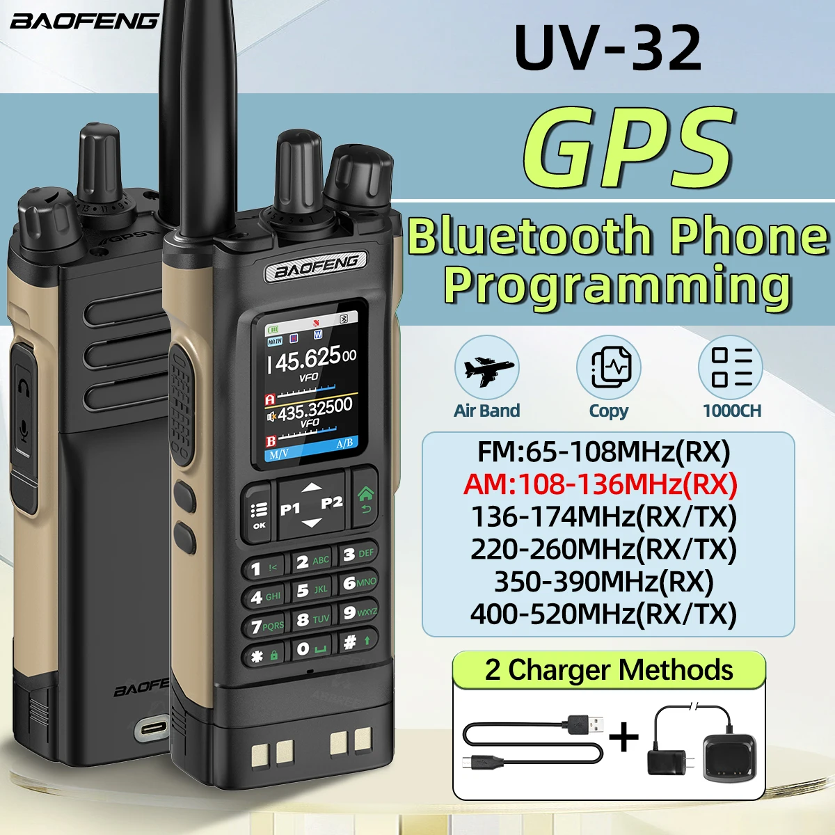 BAOFENG UV-32 GPS Walkie Talkie 10W Full Band Bluetooth Programming Wireless Copy Frequency 1000CH Long Range Ham Two Way Radio