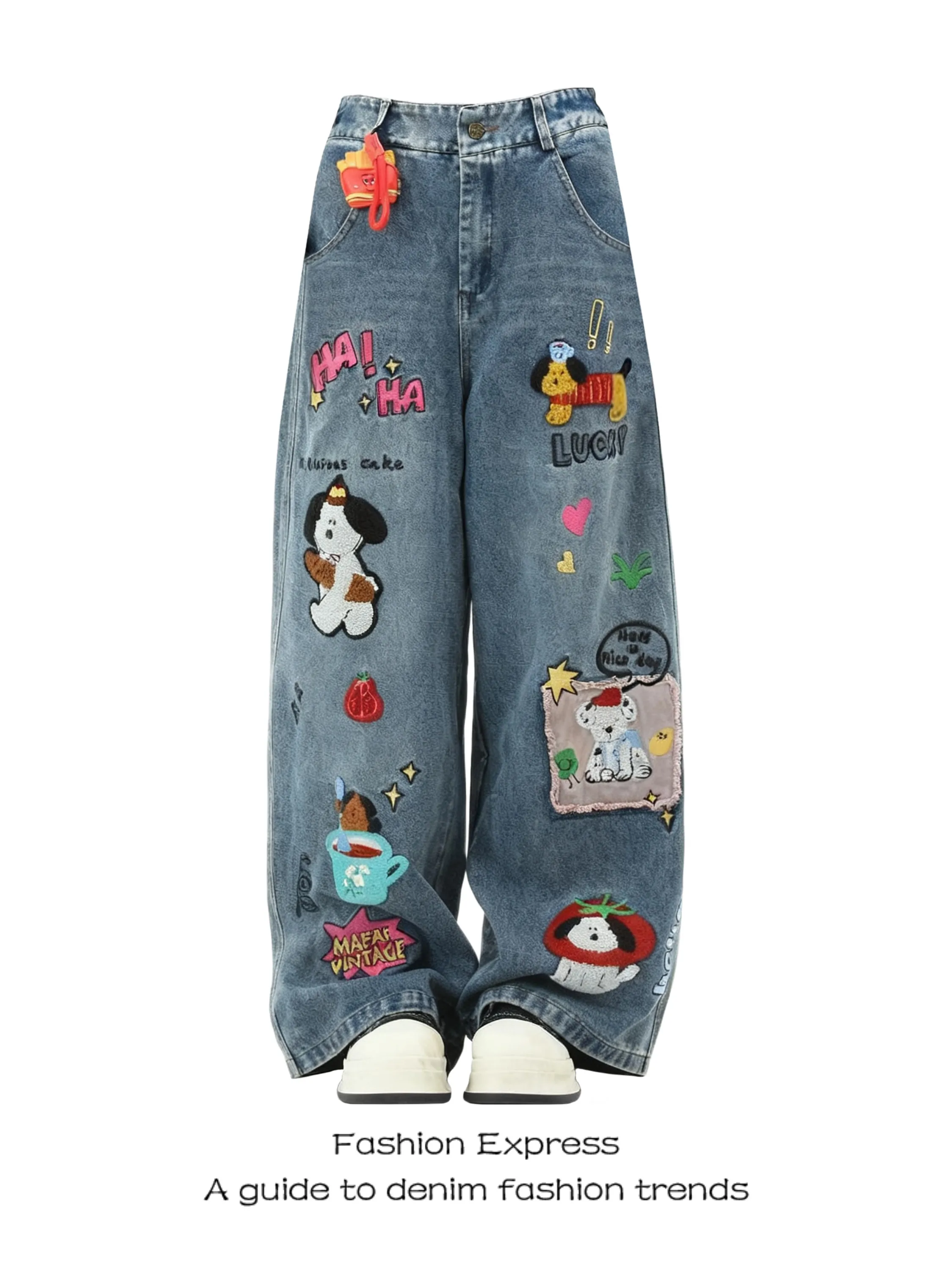 

Retro American Street Cartoon Dog Towel Embroidered Jeans Loose Straight Wide Leg Casual Trousers for Men And Women