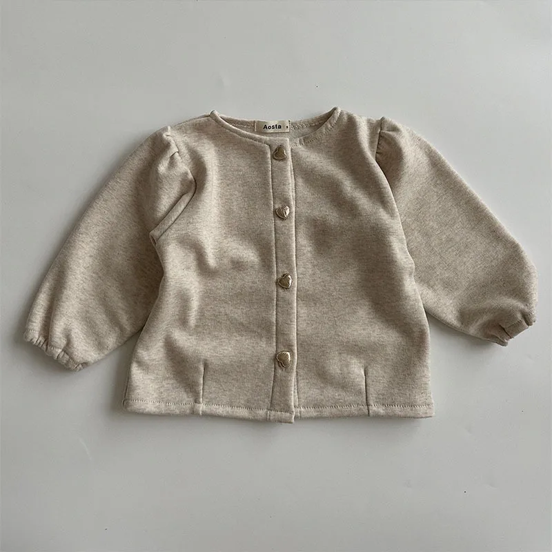 Baby Clothing Korean Style Spring and Autumn Cardigan Girls Round Neck Cotton Casual Simple Solid Color Cute Sweet Girls Coat