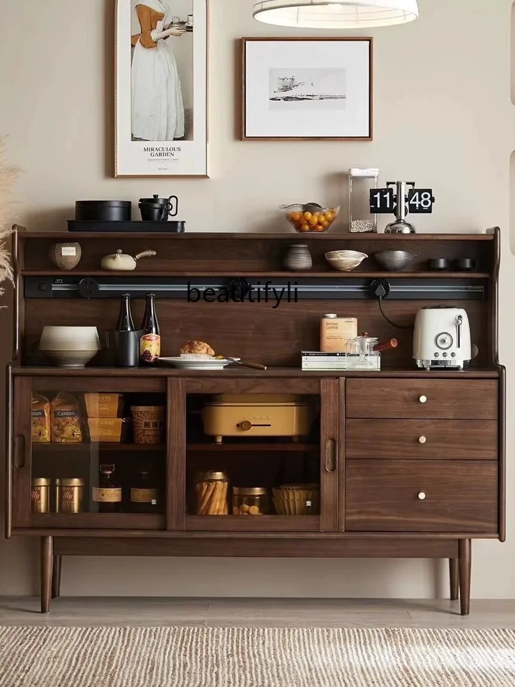 Black walnut solid wood dining side cabinet, locker, living room integrated storage cabinet against the wall