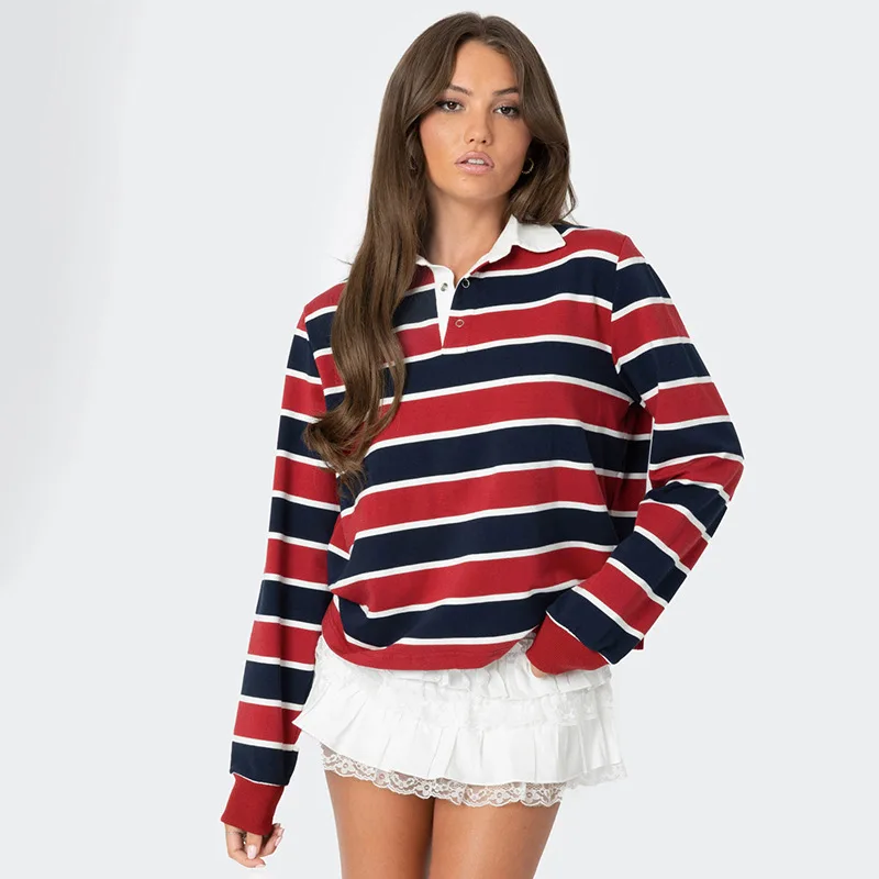 Spring and Autumn striped polo shirt women\'s fashionable long sleeved sportswear Harajuku pullover casual base shirt