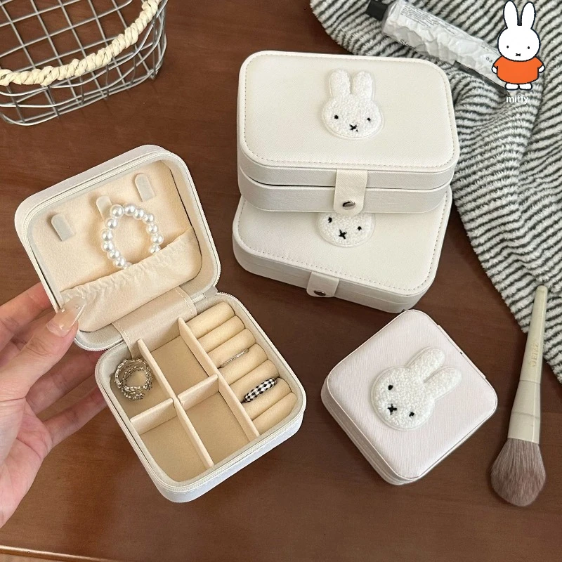 Miffy Rabbit-joyero Kawaii para niñas, compartimentos portátiles para almacenamiento de joyas, pendientes, anillos y collares, caja de almacenamiento