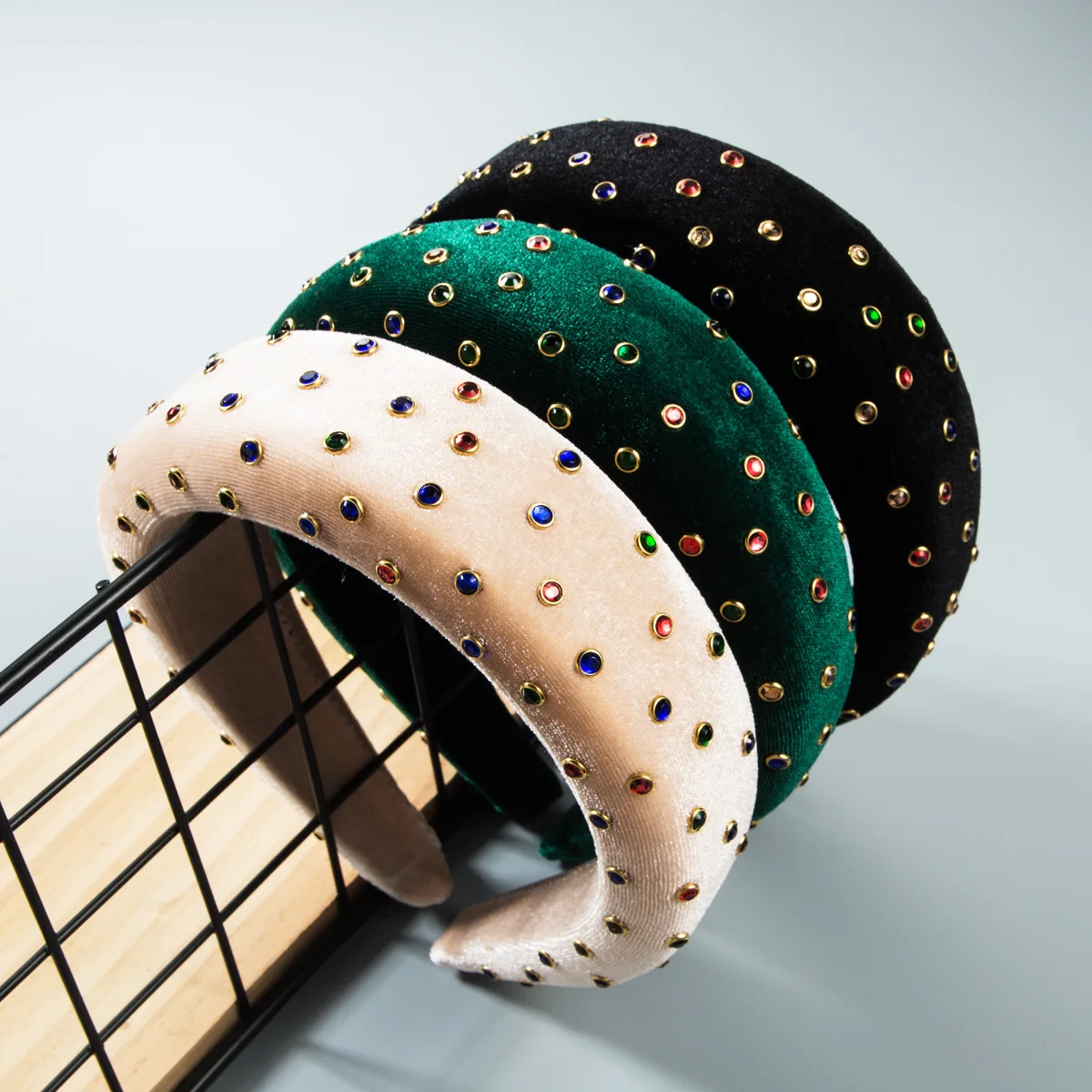 Velvet Padded Headband for Women Colorful Rhinestone Wide Hair Hoop Vintage Baroque Thick Hairband Party Hair Accessories