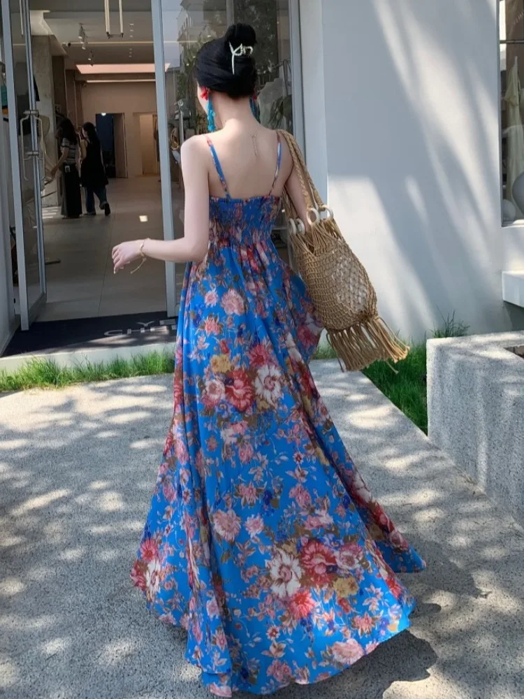 レトロな青い花柄プリントのテル・ド・ビーチ・ヴァイオン美しいユニークなルーズロングスカート夏の綿ポリエステル