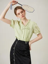 FSLE Fungus Edge V-neck Design 2024 Summer Thin Green Short Sleeve Tops Single Plate Buckle Beige Straight Shirts 24FS12285