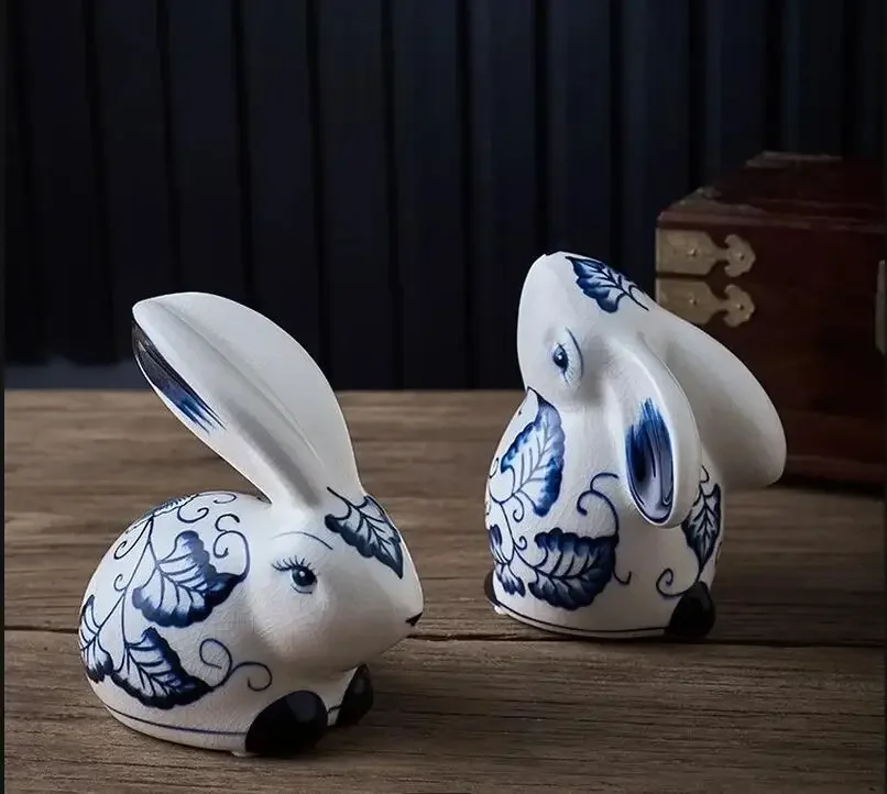 

Blue and White Ceramic Rabbit Ornament Home Decor Accessories Statue Knickknacks Statuette Figurines Exhibit Decoration Crafts