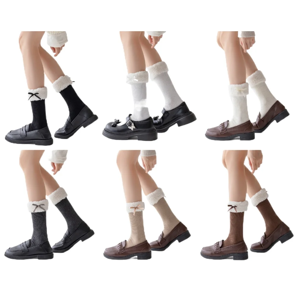 Sweet Y2K Cotton Lolita Socks Thicken Warm Coral Fleece Socks Bow Hosiery Mid-Calf Tube Sock JK