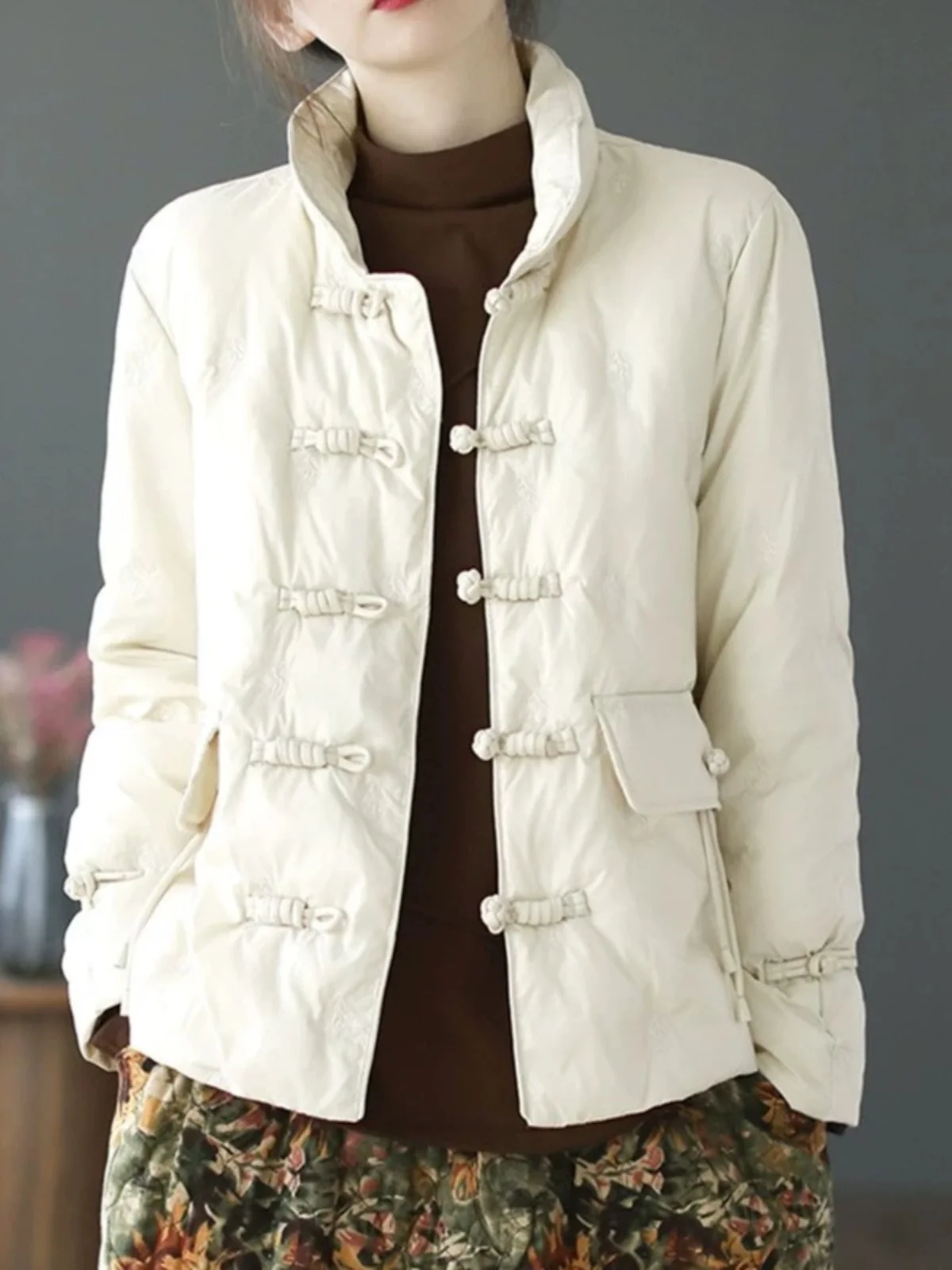 

Retro Ethnic Sle ort Quilted Cotton Jaet Women's Warmth Embroidery down Coat Stand Collar Button up Cold Weather