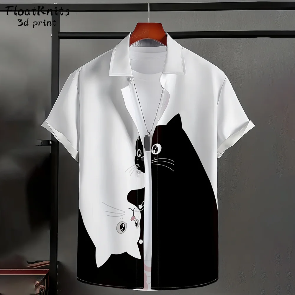 

Summer Cat Print Men's Clothing Men's Shirts for Men Fashion Male Shirts Harajuku Streets Man Clothing Casual Loose-Fitting Top