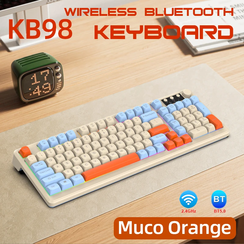 Wireless Gaming Membrane Keyboard 98 Keys Tri-Mode Bluetooth 2.4G Wired RGB Backlit Large Battery PBT Keycaps with Knob