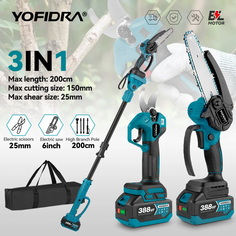 Image of YOFIDRA Bürstenlose Elektrische Kettensäge mit Teleskopstange 3-in-1 Hochastsäge Holzbearbeitungs- und Beschneidewerkzeug für Makita-Akkus