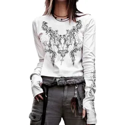 Goth Punk Streetwear 90s Vintage E-girl Emo Clothes Fires Graphic Print Y2K Grunge T-shirt 2000s Women Harajuku Long Sleeve Tee