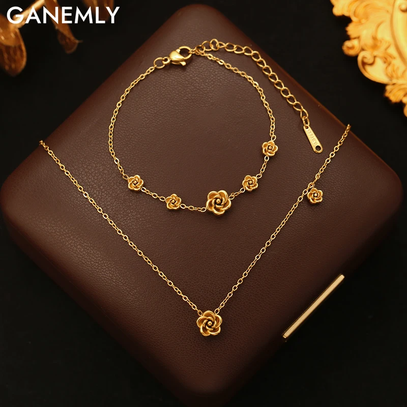 GANEMLY 316L Edelstahl Goldfarben Blumen-Set mit Halskette und Armband für Damen, Modischer Wasserfester Schmuck-Set Bijoux
