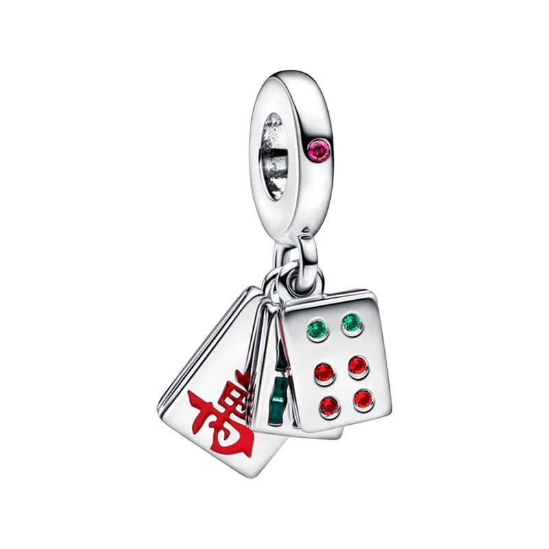 Mahjong Triple Six Pendants Charms For Women 925 Sterling Silver Jewelry Red Green Crystals Ruby Enamel Bamboo Chinese Character