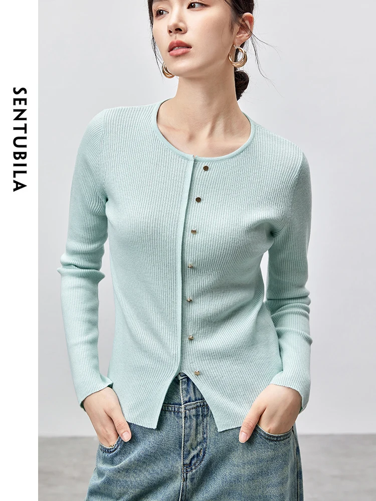 SENTUBILA Slim Fit Wool Knitted Pullovers for Women 2024 Autumn Retro Metal Button Round Neck Simple Women Top W43H56370