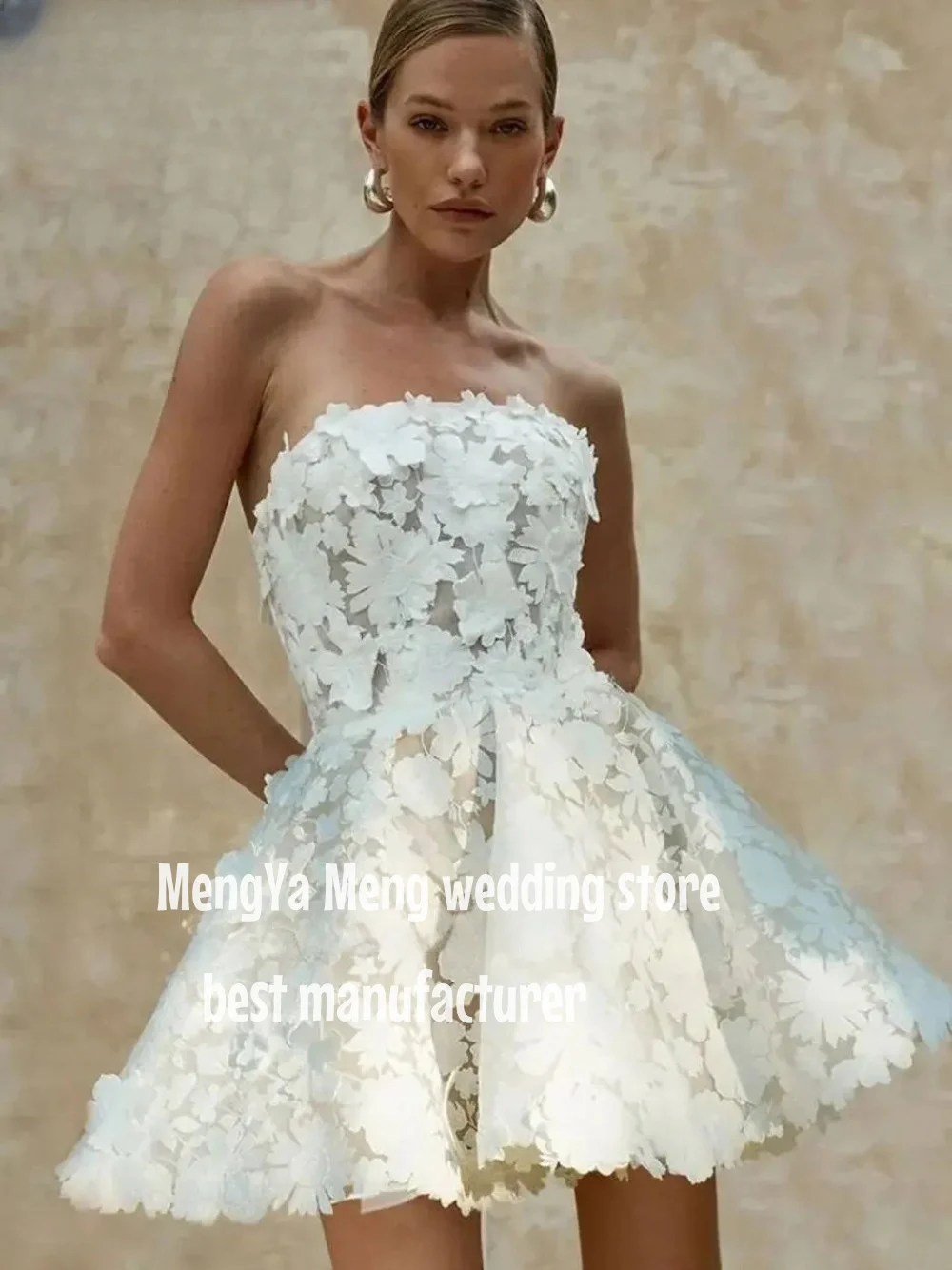 

Simple 2025 Mini Short Wedding Dress Sleeveless Strapless A-Line 3D Lace Flowers Bridal Sexy Illusion Open Back Gown Customizd