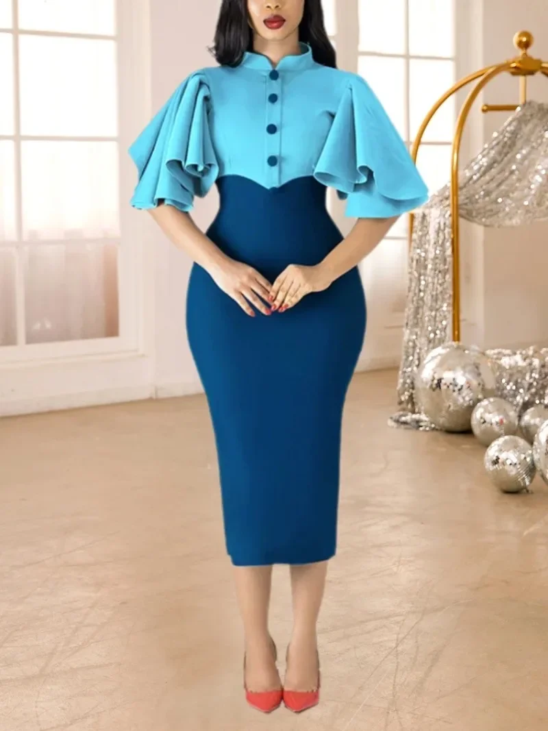 Blue Color Block Sheath Dresses for Women Stand Collar Ruffles Sleeves Button Up High Waist Fashion Party Office Ladies Vestidos
