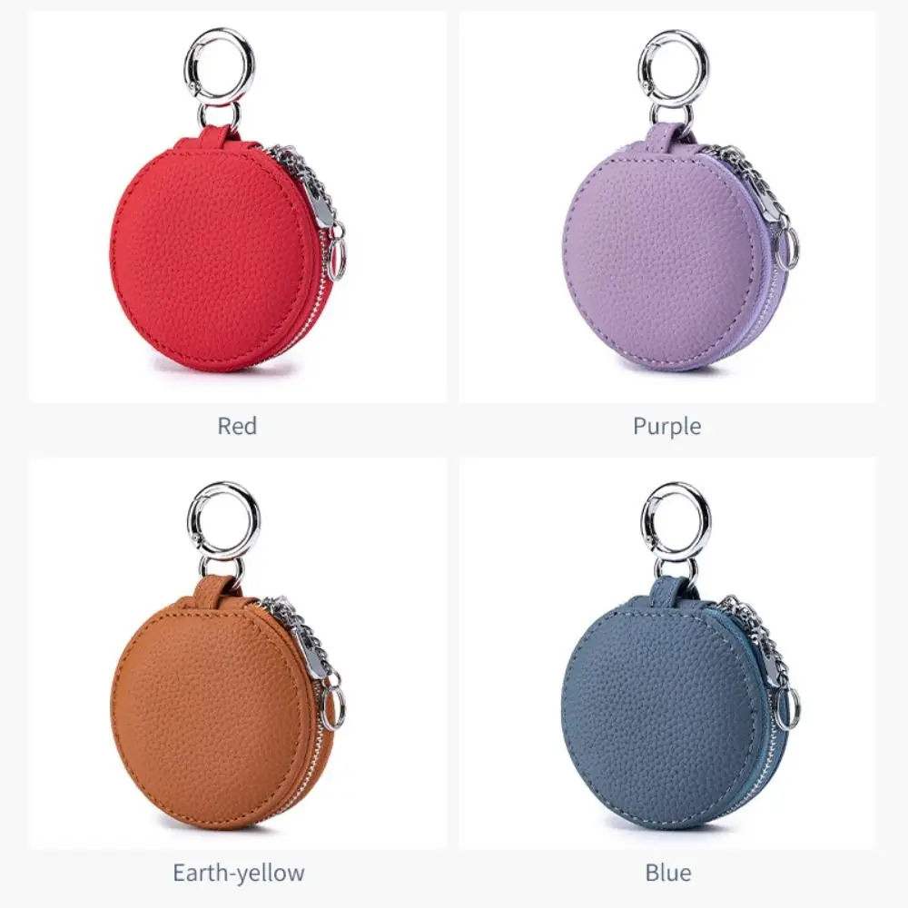 Genuine Leather Coin Purse Bag Pendant Decor Zipper Closure Lipstick Storage Bag With Mirror Round Wallet Keychain Daily Carry