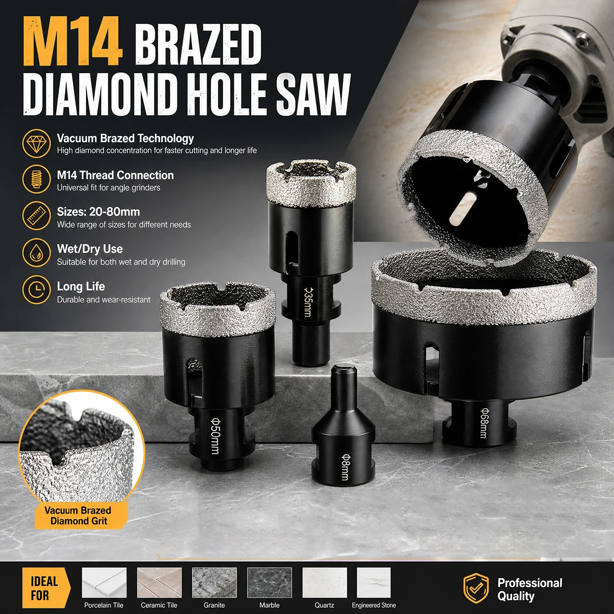 

1PC 6-150mm M14 Diamond Brazed Drill Bts For Drilling Holes In Glass Ceramic Tiles And Concrete Core Drill Bit Tools