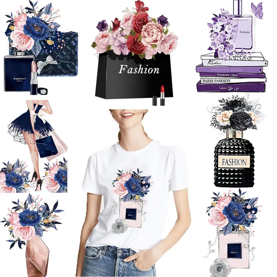 Purple Flowers Heat Sticker On T-shirt DIY Iron On Transfer For Clothing Fashion Washable Patches On Clothes Bag Appliqued Decor