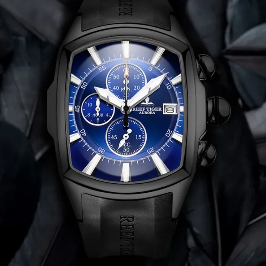 Reef Tiger Men Chronograph Watch Tonneau Quartz Wristwatch Sport Luminous 5ATM Waterproof Multi-Dial