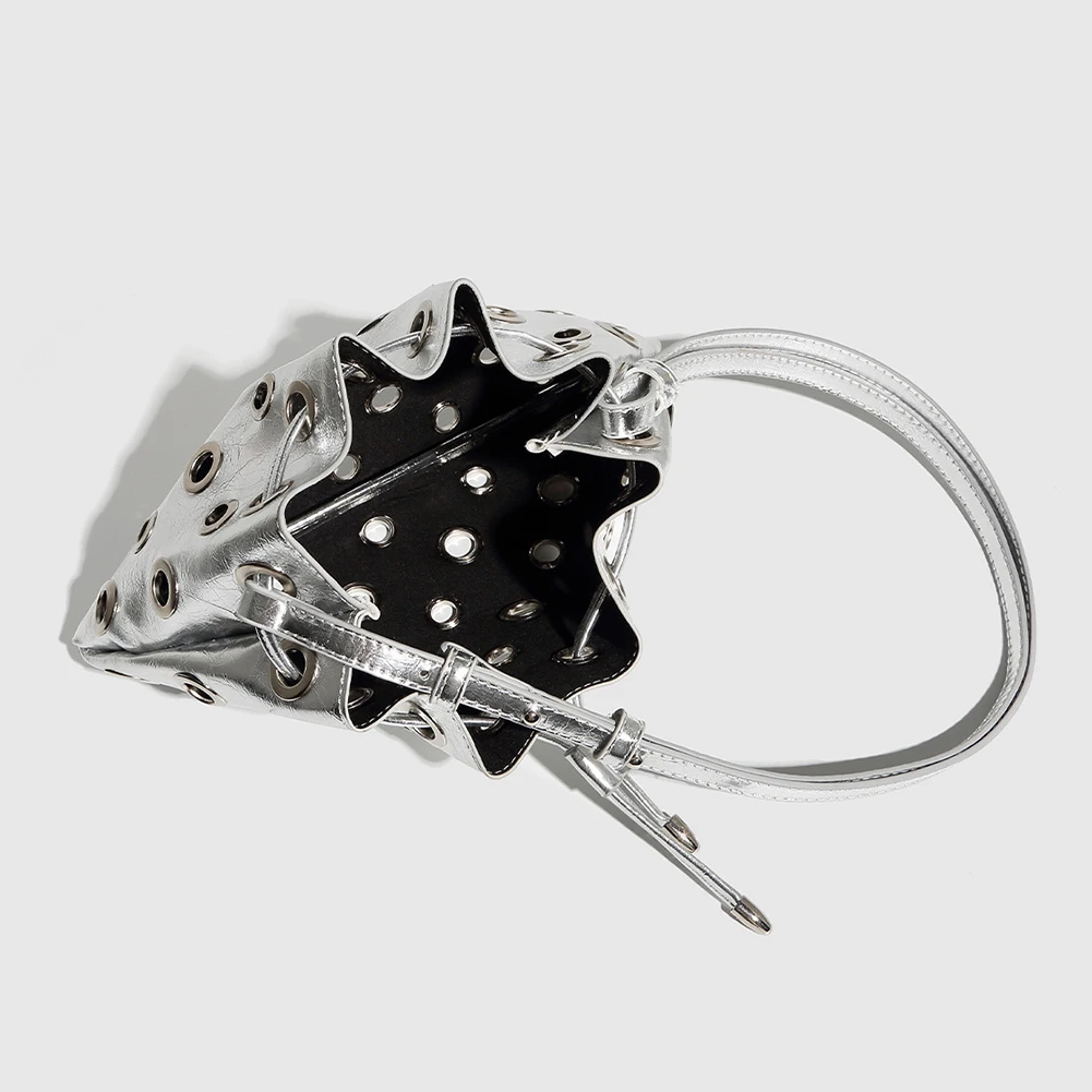 

Women Retro Hollow Handbag Large Capacity Trendy Rivet Sling Bag PU Leather Drawstring Crossbody Bag Shopping Vacation Handbag