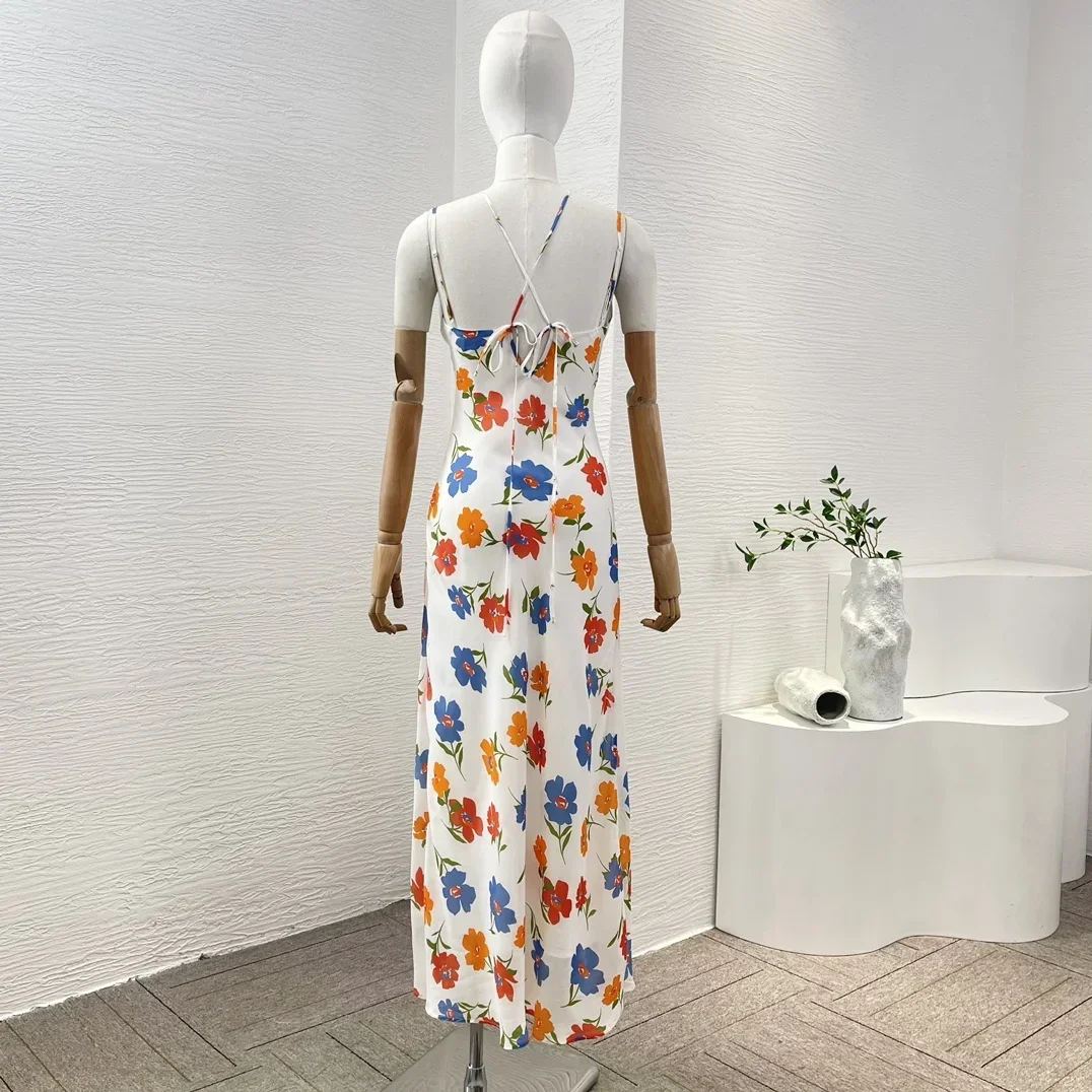 2024 New White Backless Flowers Print Sleeveless Self Cross Tie Backless Midi Dress