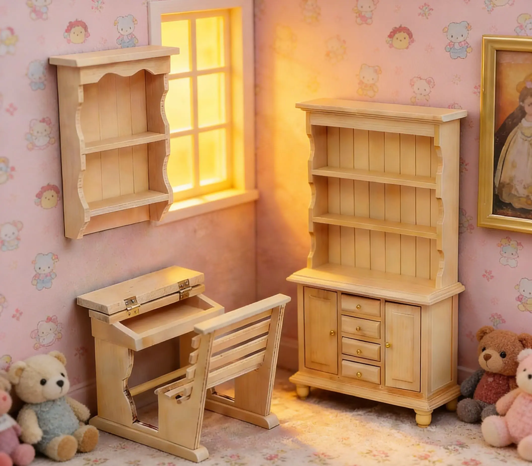 

12 Scale DIY Dollhouse Wooden Furniture Set - Mini Desk Bookcase And Shelf for Study Room Micro Scene Unfinished Model
