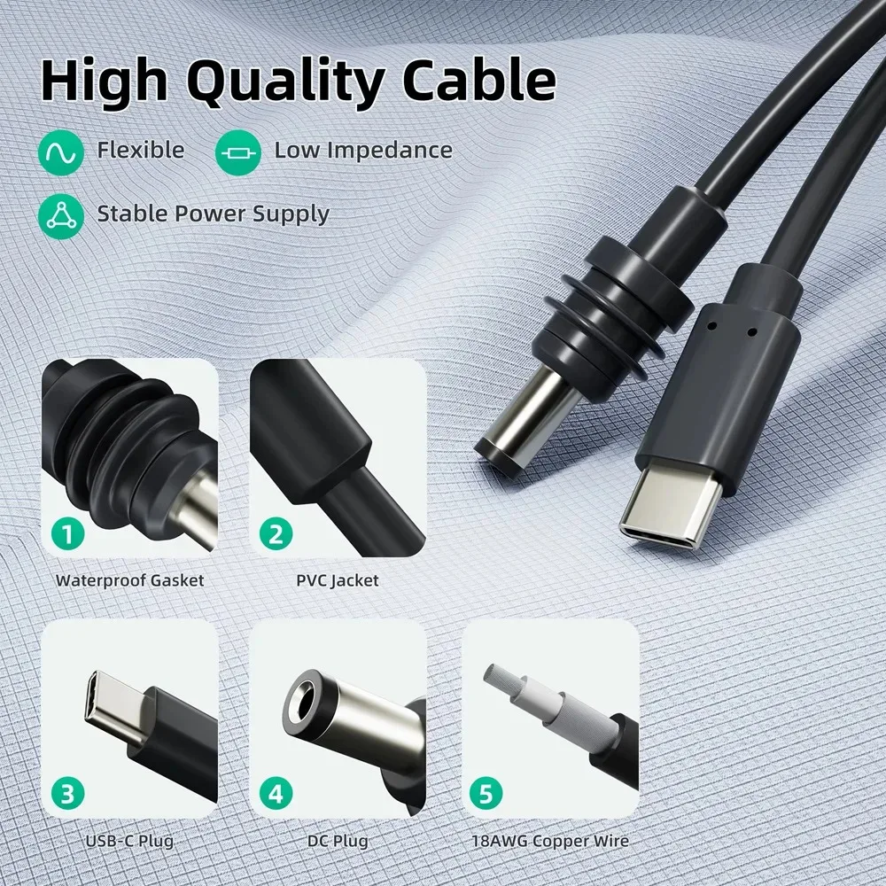 KEBIDUMEI Type-C/DC to DC Fast Charging Power Cable for Starlink Mini Outdoor Waterproof 20V 2M(6.6ft) Mini Power Cable