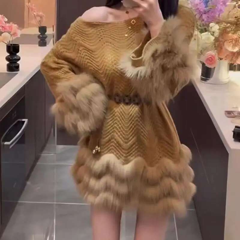 2026 Autumn Winter New Korean Women Slant Shoulder Style Western Knitted Sweater Fashion Gentle Style Plush Cuff Dress Sweater