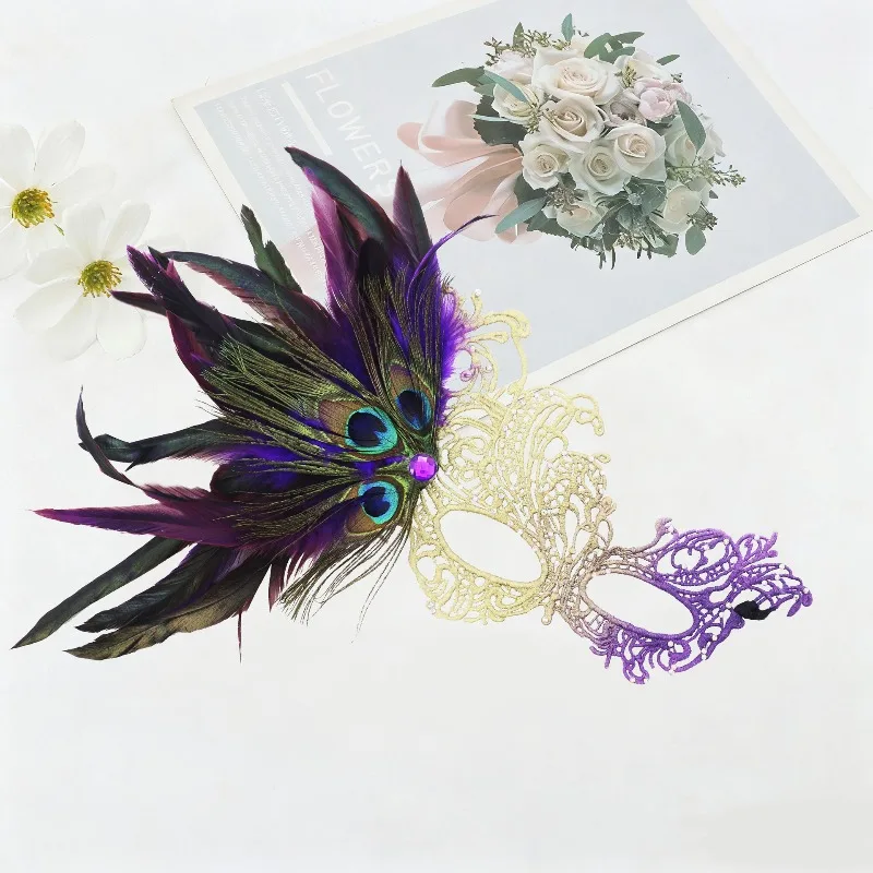 قناع تنكر نسائي رائع من الدانتيل مع ريش الطاووس وديكور الأزهار، قناع نصف وجه أنيق للحفلات الكرنفالية