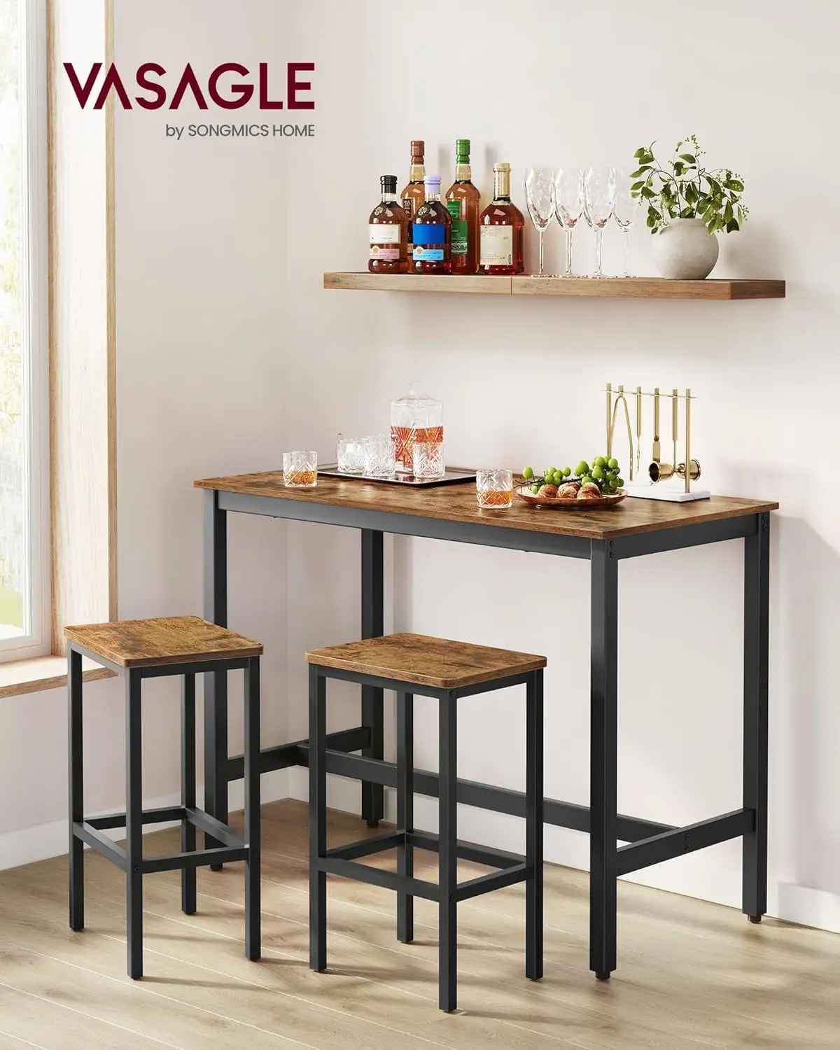 Vasagle Bar Table Set, With 2 Bar Stools, Dining Table Set, Kitchen Counter With Bar Chairs, Industrial, Living Room, Party