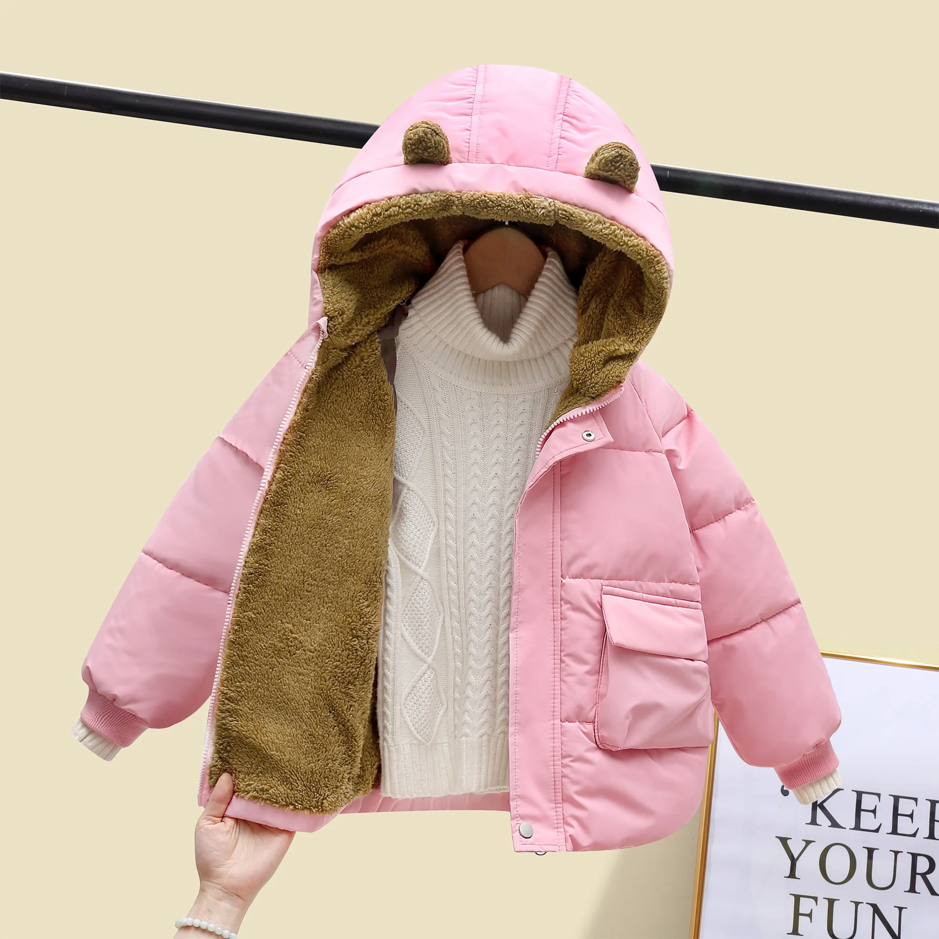 New 2025 Baby Boys Girls Hooded Zipper Solid Plush Down Jackets Children's Winter Cotton-padded Thicken Warm Coat Outerwear