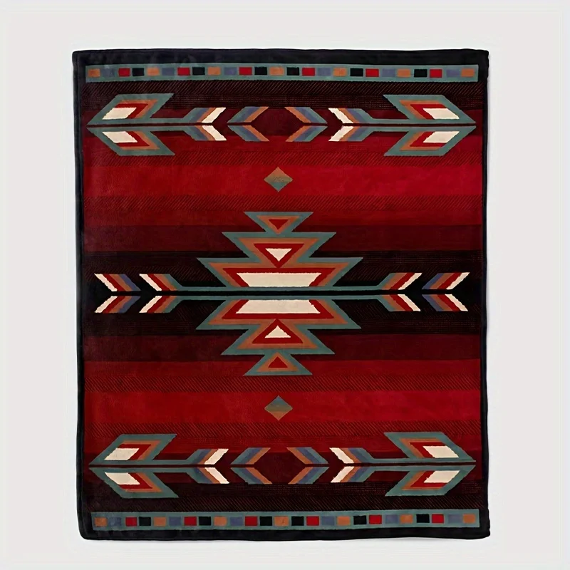Bohemian-Inspired Red Geometric Flannel Throw Blanket - Reversible Vibrant Southwestern Pattern for Couch, Bed, Travel
