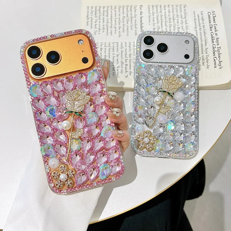 

Diamond-Encrusted Rose Phone Case for IPhone 17 Pro Max 16 Pro 15/14/13 Protective Case Apple 13/12 Pro Pearl Rhinestones Case