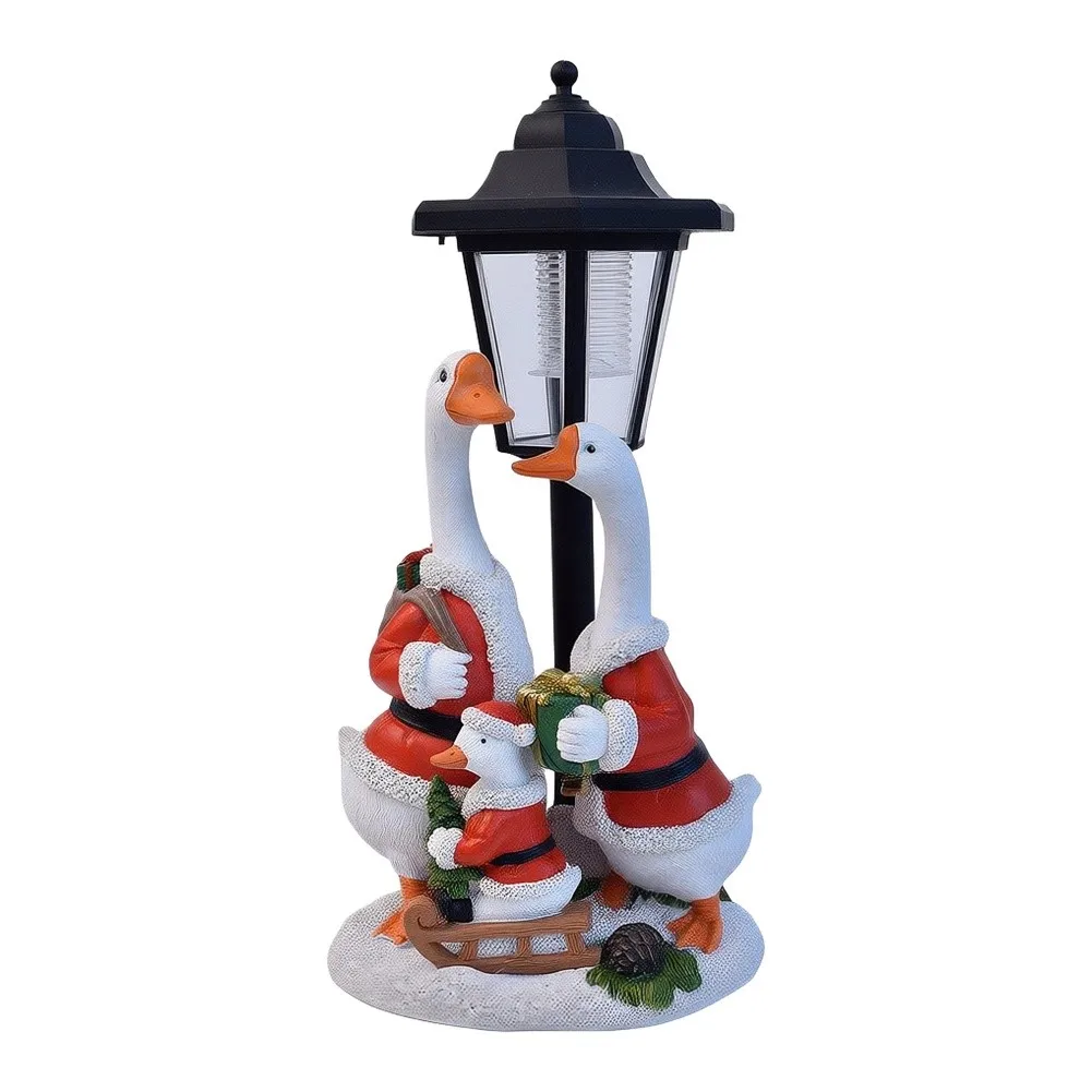 White Resin Solar Powered Goose Figure in Santa Attire for Outdoor Indoor Holiday Decor Garden Patio Porch 16x11.3x31.5cm