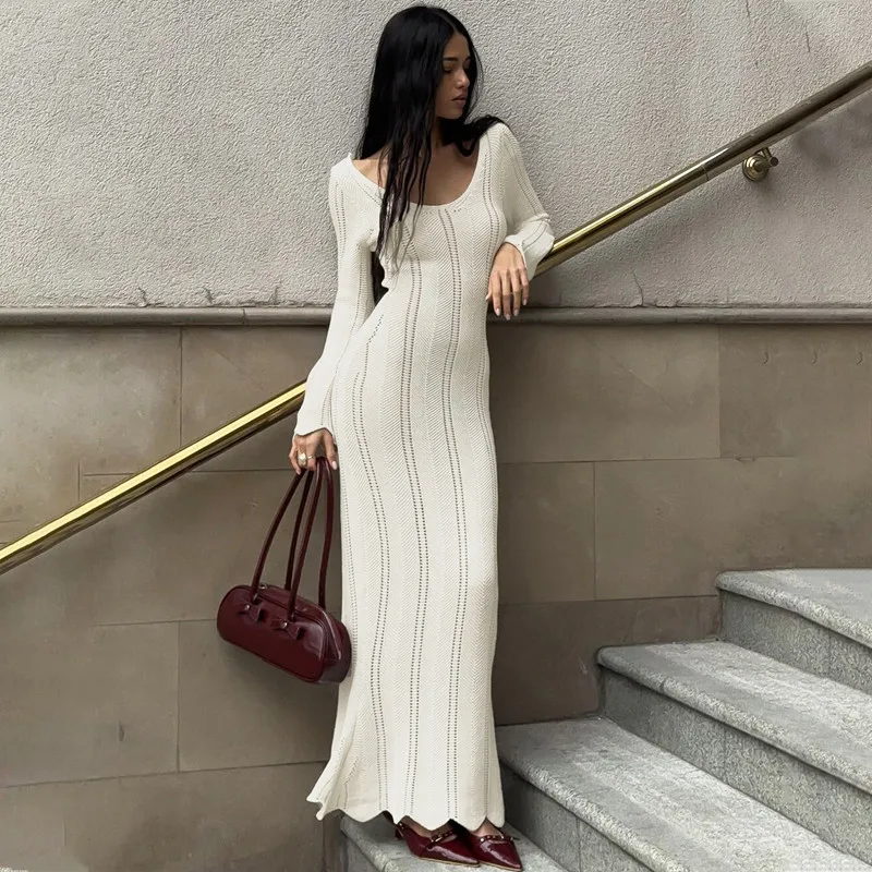 Sexy Hollow Out Knitted Maxi Dress For Women White Long Sleeve Off Shoulder Slim Vacation Beachwear Long Dresses