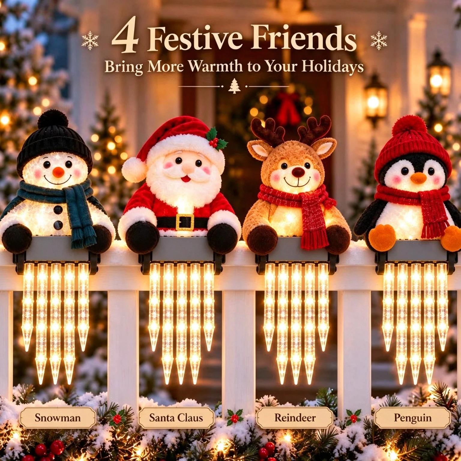 Christmas Railing Decor Light Up Santa Reindeer Penguin Snowman with Icicles Porch Fence Decoration Holiday Gift