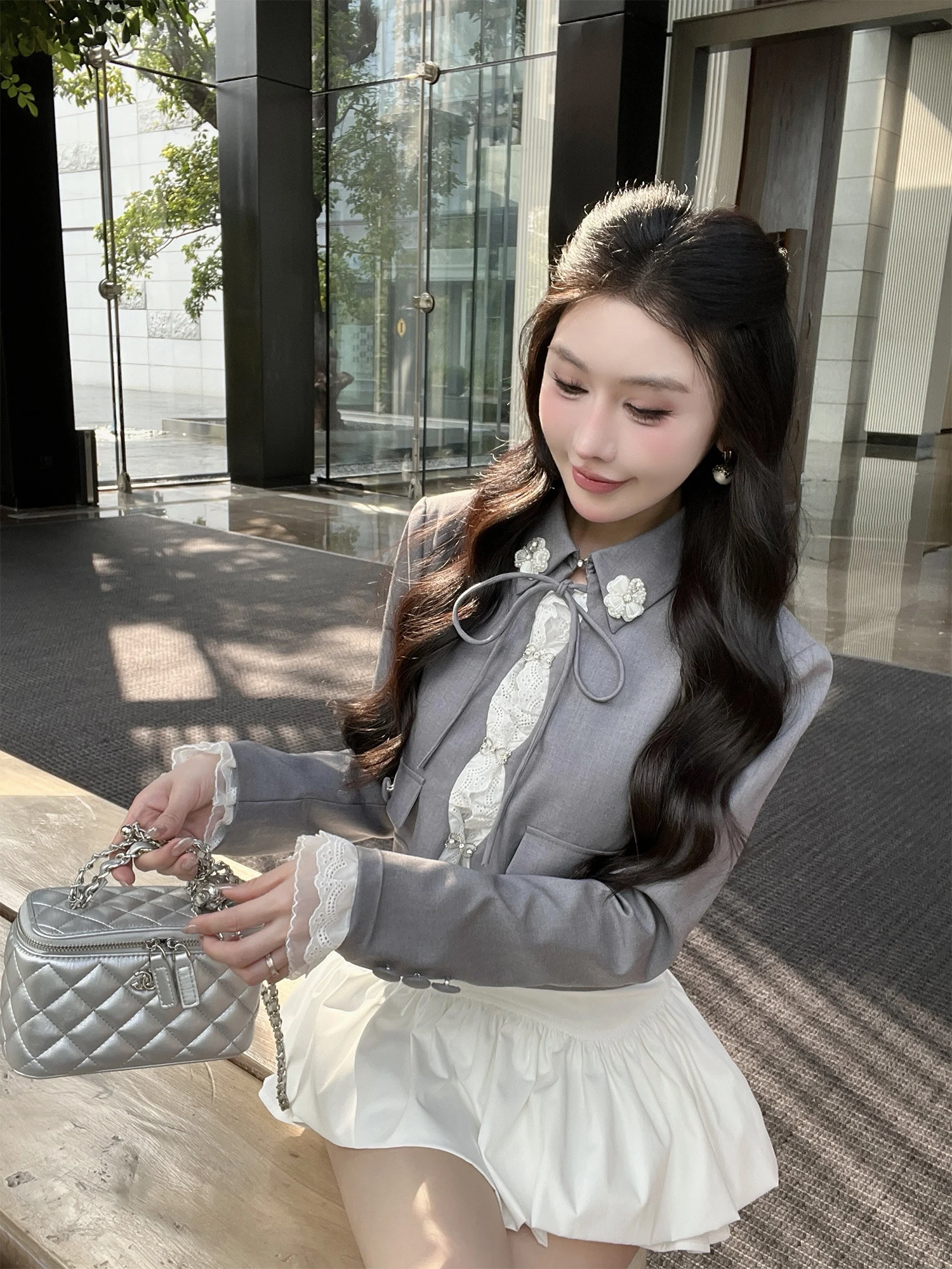 

LADIES FIRST ort Suit Jaet with 3D Flower Decoration ey College Sle Women's Faion Busin Casual Stand Fit