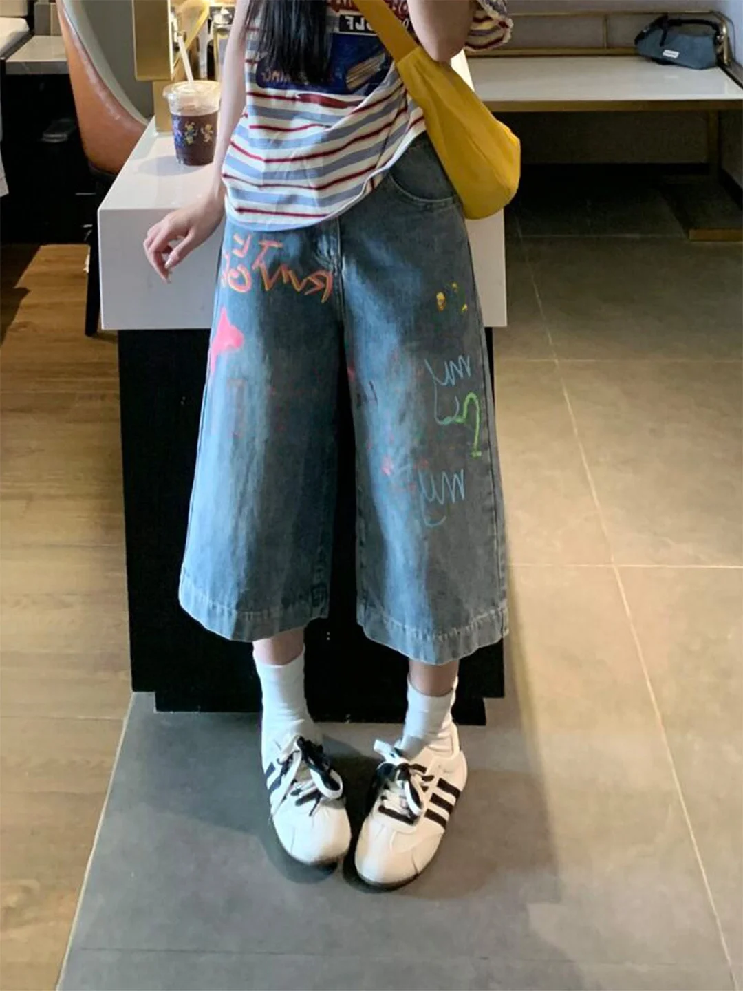 

plus Size High Waist Wide Leg Jeans Women's Slim Fit Summer New Style Graffiti Seven Inch Lazy BF Style Fat MM Shorts